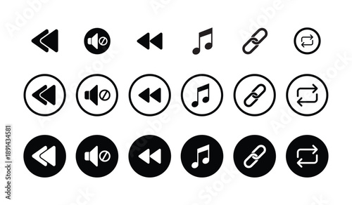 Minimalist black and white multimedia icon set. Features rewind, mute, music note, link, and repeat symbols in flat, circled, and solid badge styles for audio players and web interface design.