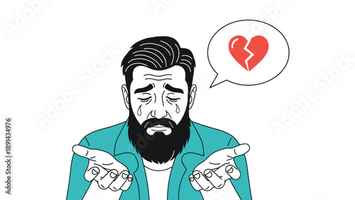 Sad bearded man looking down with open palms and a broken heart icon in a speech bubble representing heartbreak and relationship sorrow.