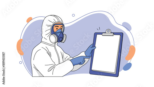 Specialist in a white protective hazmat suit and respirator pointing to a large blank clipboard for safety instructions or protocols.