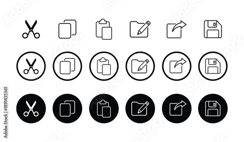 Minimalist UI icon set featuring cut, copy, paste, edit, export, and save symbols in line, outlined, and solid styles. Ideal for app design, UX mockups, and digital interfaces.
