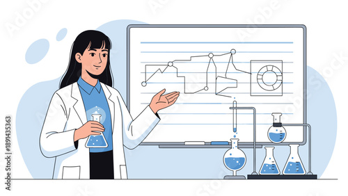 Female scientist in a white lab coat holding a flask and explaining a complex diagram on a whiteboard in a professional chemistry laboratory.