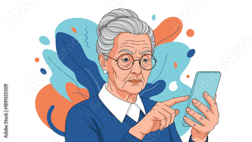 Elderly woman with gray hair wearing glasses and pointing at her smartphone screen with a focused expression for digital communication.
