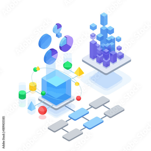 Data visualization and analysis isometric illustration with charts and blocks.