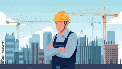Tired senior construction worker wearing a yellow hard hat and blue overalls standing in front of a busy city development site with cranes.