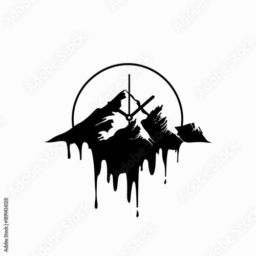 Abstract Black Mountain Range with Dripping Paint Effect, Clock Hands, and Circular Moon. Minimalist Vector Art