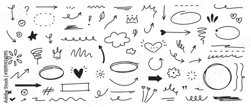 Hand drawn doodle elements set. Sketch arrows, stars, hearts and decorative scribble lines.Perfect for text decoration, highlights, notes, planners, presentations and creative design projects.
