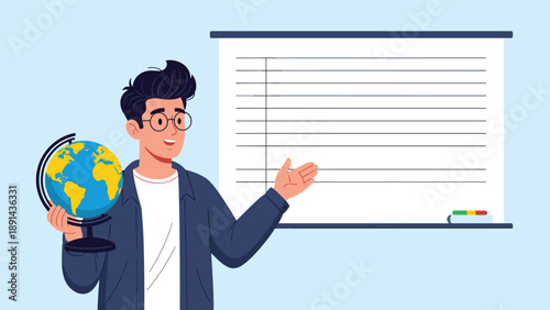 Young male teacher holding a terrestrial globe and pointing to a large blank whiteboard to explain international geography in a classroom.