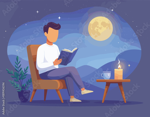 a man sits relaxed enjoying the evening atmosphere by candlelight, reading a book. Preparation for 7 days without electricity Concept. Vector graphic illustration