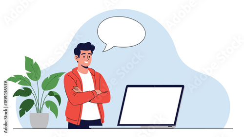 Young man in red hoodie standing by open laptop with blank speech bubble and houseplant in pot on background.