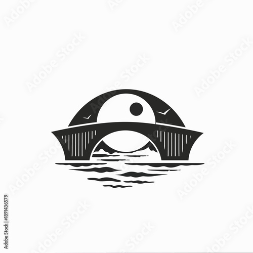 Monochrome graphic illustration of a bridge spanning calm water with mountains, sun, and birds, a scenic landscape design.