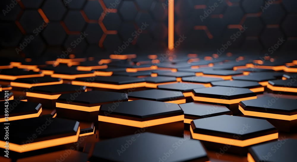 Fototapeta premium Stunning 3D render of a dark technological background featuring interconnected hexagonal tiles illuminated by vibrant neon orange light. Perfect for gaming, sci-fi design, data security concepts
