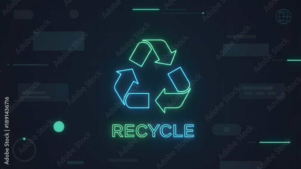 Fototapeta premium Digital neon glow recycle symbol with futuristic UI elements symbolizing environmental