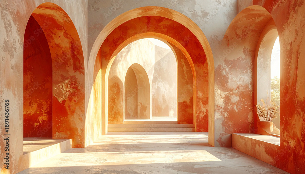 Fototapeta premium 重なり合うオレンジのアーチと光の回廊