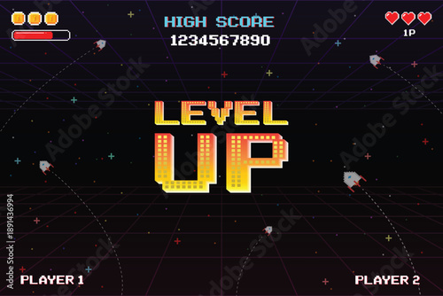 LEVEL UP icon pixel art. 8 bit game. Retro Futurism Sci-Fi Background. glowing neon grid. and stars from vintage arcade computer games