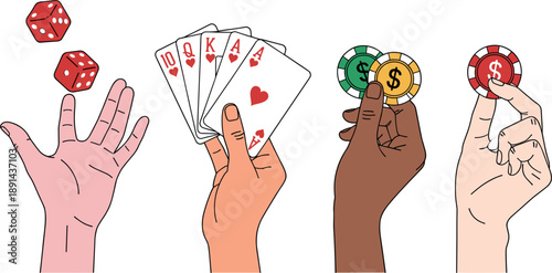 Diverse hands holding gambling items including dice playing cards and casino chips