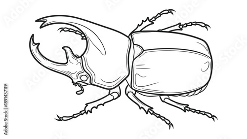 Majestic Beetle's Profile: A detailed monochrome illustration of a rhinoceros beetle, emphasizing its impressive horn and intricate exoskeleton.