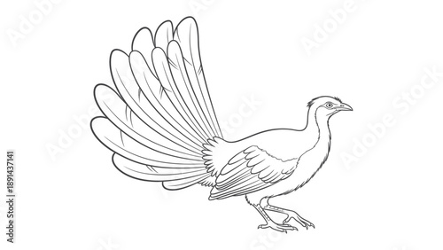 Bird Illustration: A detailed monochrome line art illustration of a bird, showcasing the intricate details of its plumage and posture. This artwork brings a sense of elegance and refined artistry.