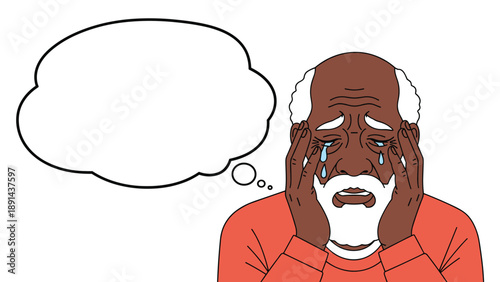 Elderly black man crying with tears and hands on his face with a blank thought bubble for emotional memories.