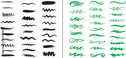 A versatile set of hand-drawn vector brush strokes and swirls in black and green. Includes various textures like thick ink smears, elegant flourishes, jagged zigzags, and smooth wavy lines.