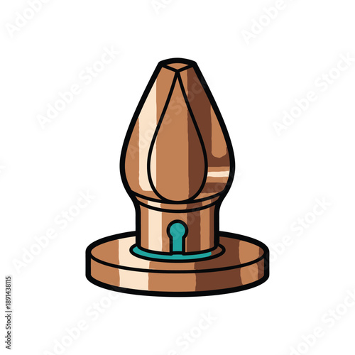 Decorative Metallic Finial Vector Illustration. Shiny Bronze Element with Keyhole Icon on White Background.