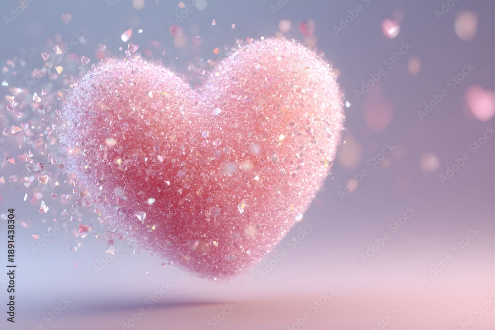 Obraz premium Dreamy Shimmering Heart Illustration with Floating Particles, Romantic Aesthetic for Wedding or Anniversary 