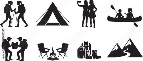 Collection of outdoor adventure and camping silhouette icons depicting various activities and equipment for travel .silhouette degin