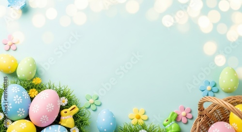 Easter eggs and flowers on a green background with a basket.