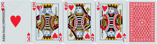 Heart suit playing cards row featuring King Queen Jack and back design