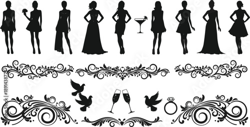 Elegant party silhouette vector set featuring women in dresses, champagne glasses, birds, rings, and decorative wedding ornament flourishes collection