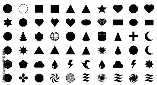 Diverse geometrical figures and conceptual silhouette icons on white background arrangement