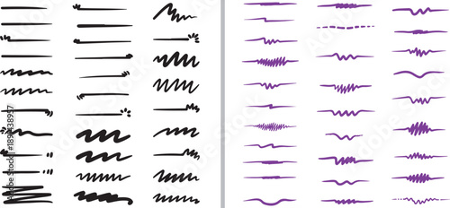 A collection of diverse hand-drawn brush strokes, dividers, and scribbles. Features black and purple vector elements ranging from smooth horizontal lines to jagged, textured zigzags.