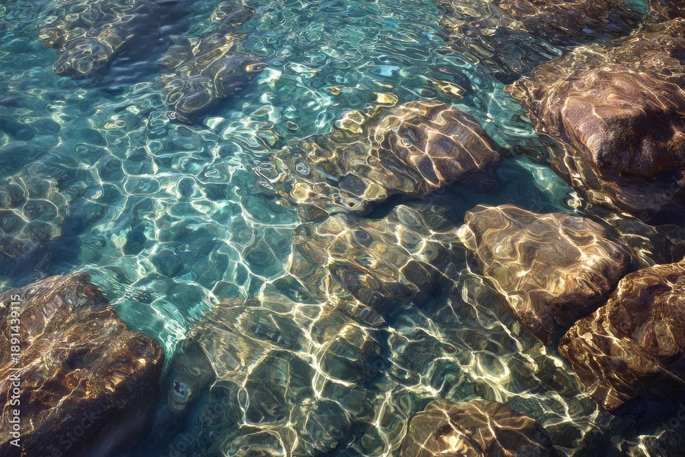 Obraz premium Crystal-clear, sunlit water over rocky riverbed. Light dances and refracts, creating textures