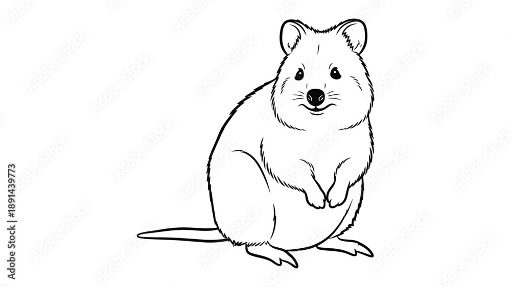 Fototapeta premium Quokka Sketch: A charming illustration of a quokka, depicted with simple lines. The drawing highlights the cute features of the animal, conveying approachability and appeal.