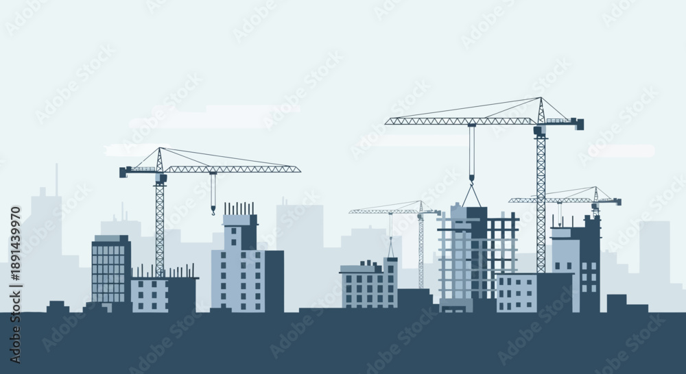 Obraz premium Construction Site Silhouette Cranes and Buildings in Progress.