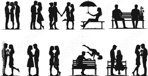 Romantic couple silhouette vector illustration set featuring love scenes, dating poses, bench moments, umbrella gestures, and relationship shadow figures collection
