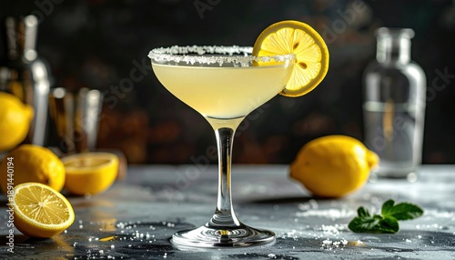 Close-up of a lemon margarita with a salt rim, garnished with a lemon slice, set against a sophisticated bar background.