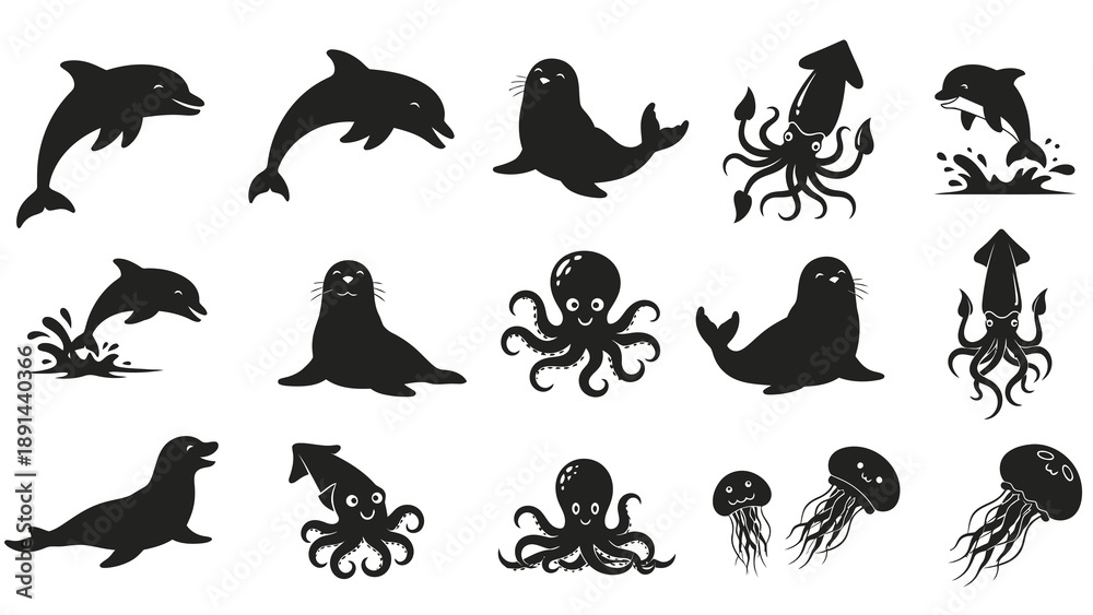Obraz premium Set of black and white marine animals dolphin seal octopus and squid jumping swimming cute poses vector illustration design elements