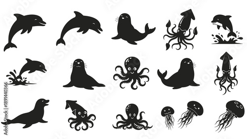 Set of black and white marine animals dolphin seal octopus and squid jumping swimming cute poses vector illustration design elements