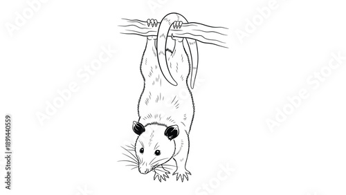 Opossum Hanging: A detailed illustration of an opossum hanging upside down from a tree branch, highlighting its unique anatomy and playful pose.