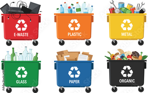 Recycling bin vector illustration set featuring waste sorting containers for plastic metal glass paper organic trash and electronic garbage management