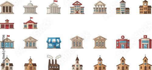 City building vector illustration set featuring schools hospitals banks churches factories shops government offices and urban architecture icons collection