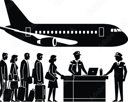 Professional black vector icons of airport check-in counter passengers and airplane silhouette for travel branding।
