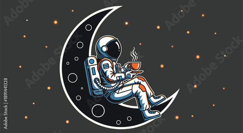 Detailed illustration depicting an astronaut in a full spacesuit calmly relaxing while sipping a hot beverage from a cup resting on a stylized crescent moon against a starry backdrop.