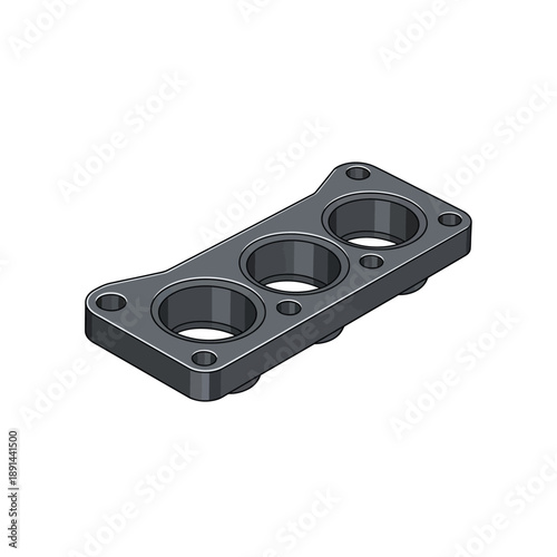 3-Port Exhaust Manifold Flange Component. Technical Isometric Vector Illustration of Automotive Engine Mechanical Part Isolated on White.