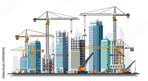 Construction Site with Cranes and Skyscrapers in a Modern Cityscape.