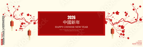 2026 Happy Chinese New Year Red Banner with Lanterns and Plum Blossoms Chinese New Year 2026 Festive Red Background, vector illustration.