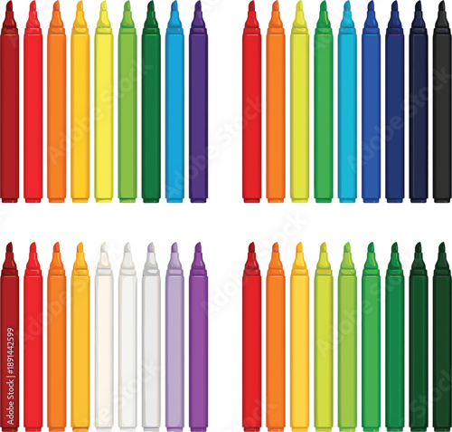 Professional vector illustrations of vibrant colorful marker pens and art sketch pens for creative stationery branding।