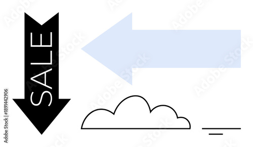 Sale concept. Large downward black sale arrow with blue directional arrow and cloud outline. Sale highlights promotions and consumer behavior. For retail, marketing, business, economy, shopping