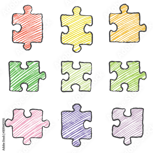 Hand drawn nine colorful puzzle pieces. Vector sketch illustration in vintage crayon charcoal style. Puzzle pieces for team building