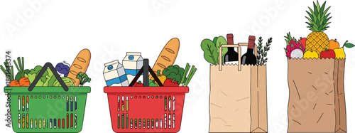 Grocery shopping vector illustration set featuring baskets and paper bags filled with vegetables fruits bread milk and supermarket food supplies
